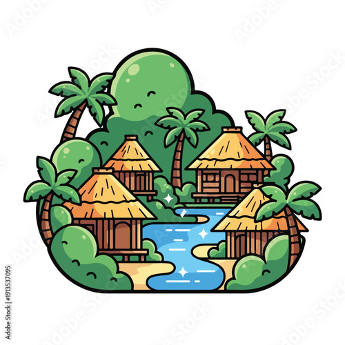 A tropical village with huts and palm trees