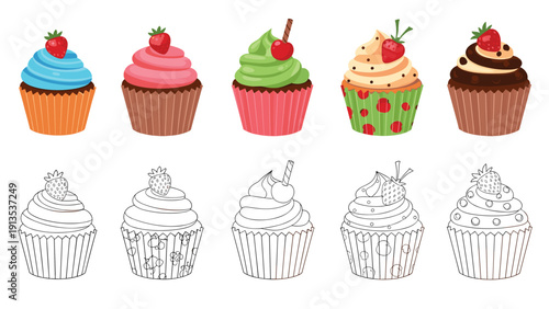 Delicious variety of cupcakes on a coloring worksheet for children with different toppings and patterns to decorate.