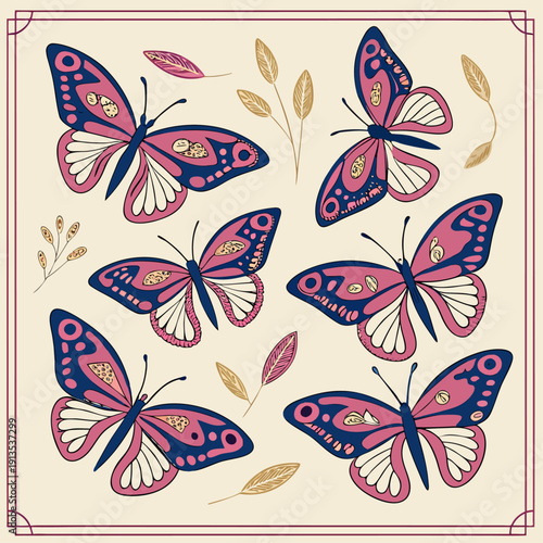 Stylized Butterfly and Botanical Seamless Pattern in Pink, Navy Blue, and Gold.