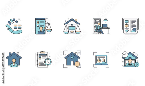 Premium Business Management  Legal Icon Pack - 10 Modern Remote Work, Property Law, Productivity Tracking, and Team Collaboration Symbols for UI UX Design