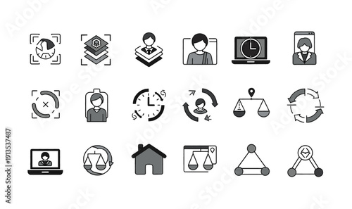 Premium Digital Legal  Data Management Icon Pack - 18 Minimalist Symbols for Law Tech, Remote Work, Time Tracking, and Privacy Compliance UI UX Design