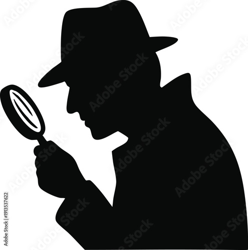 Silhouette of a Detective with a Magnifying Glass, Monochrome Profile of a Sleuth in a Fedora and Trench Coat, vector, illustration, silhouette.