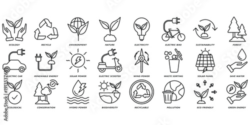 A collection of ecology icons set. Contains icons for groups.environment,electricity,renewable energy,pollution,green energy,solar panel. Vector illustrations of company icons.