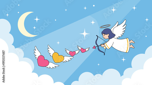Lovely cupid angel flying through a starry night sky shooting winged heart arrows with a bow near the crescent moon.