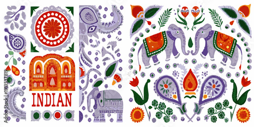 Colorful indian motifs and patterns arranged in a decorative collage
