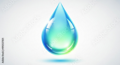 Large teardrop shaped water droplet with blue and green gradient on white background symbolizing freshness and purity