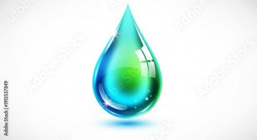 Large teardrop shaped water droplet with reflective blue and green surface on white background