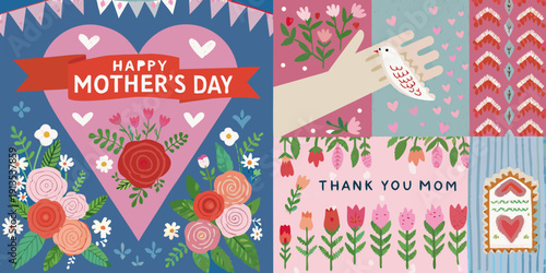A colorful mother s day card with flowers hearts and a hand gesture