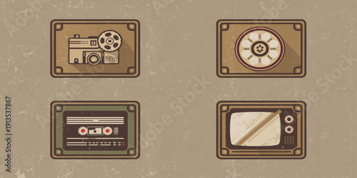 A vintage electrical panel features an old-fashioned radio with a retro metal switch and power button, blending antique sound equipment with classic industrial technology isolated on a white wall