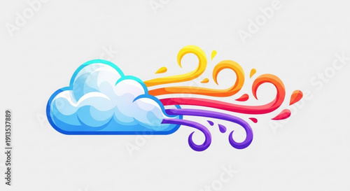 Colorful cloud with rainbow swirls and sun rays symbolizing weather forecast and climate change