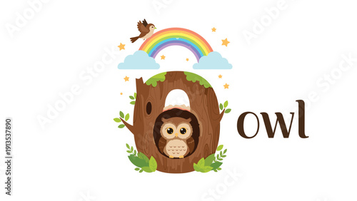 Educational alphabet illustration for the letter O featuring a cute owl in a tree hollow under a colorful rainbow.