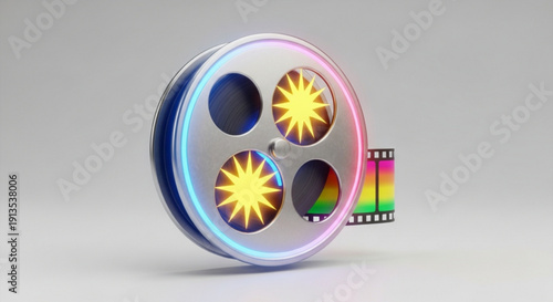 Film reel with colorful neon lights and rainbow film strip on gray background for video production and editing concepts