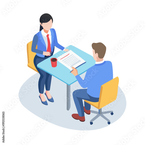 HR manager or recruiter interviewing work candidate, applicant. Job interview, vacancy, hiring recruitment process concept. Vector illustration.