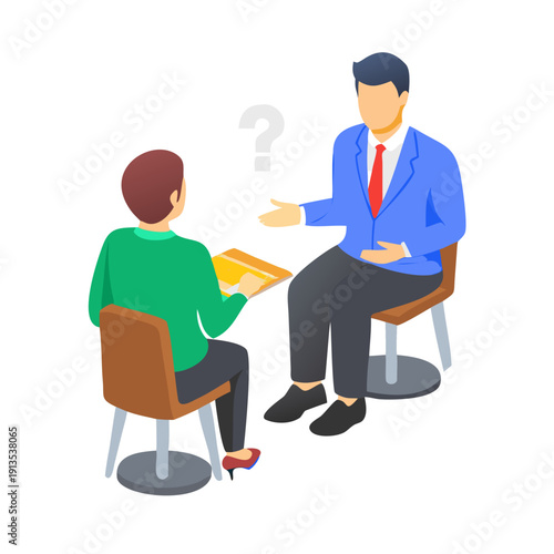 HR manager or recruiter interviewing work candidate, applicant. Job interview, vacancy, hiring recruitment process concept. Vector illustration.