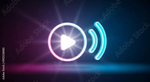 Neon play button icon with glowing blue and pink rays on dark background media playback symbol