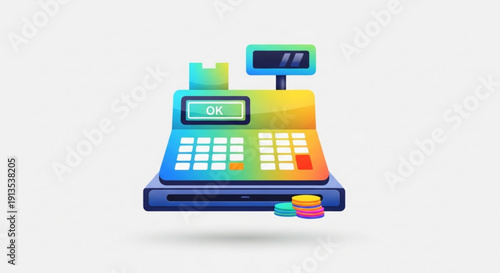 Colorful cash register with ok screen and coins modern payment terminal in retail store