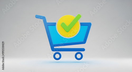 Shopping cart with green checkmark on yellow circle e commerce success online shopping concept checkout confirmation retail business marketing digital payment secure transaction