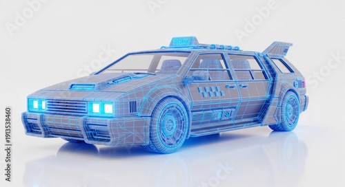 Futuristic Taxi Cab with Neon Blue Lights.