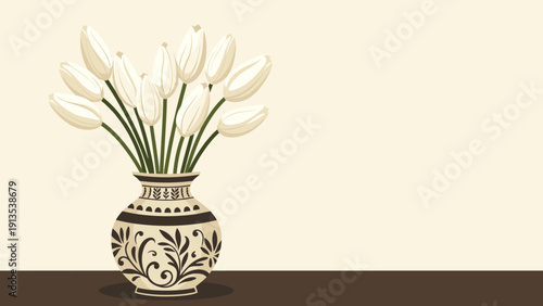 Elegant bouquet of white tulips in a decorated ceramic vase sitting on a dark surface against a neutral background.