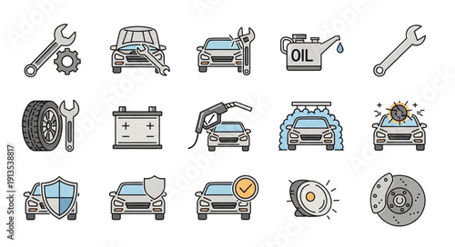 Car Repair and Maintenance Icons Set.