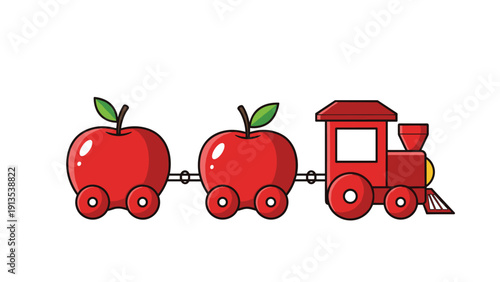 Toy train composed of a red locomotive pulling two large red apples with wheels on a plain white background for kids play.