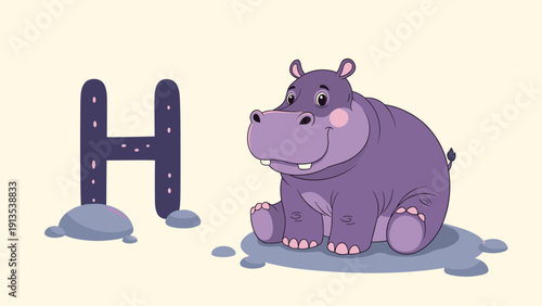 Educational illustration for the letter H featuring a cute purple hippopotamus sitting on a puddle against a soft background.