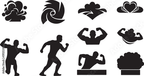 Fitness icons with silhouettes of strong athletes and symbols