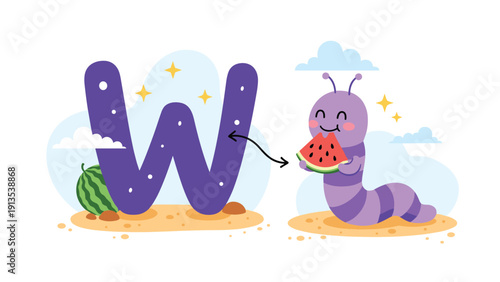 Educational graphic for the letter W showing a purple caterpillar eating a slice of watermelon on a sandy ground background.