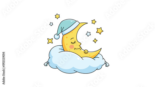 Smiling crescent moon wearing a sleeping cap and resting peacefully on a soft blue cloud surrounded by stars in the night sky.