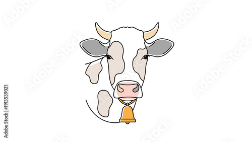 Simple illustration of a white and grey spotted cow head wearing a gold bell around its neck on a plain white background.