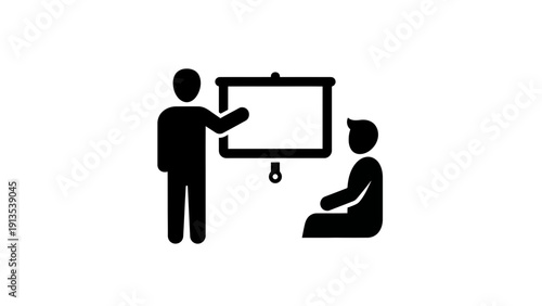 Business Presentation with Person Sitting and Standing Near Whiteboard flat design vector illustration