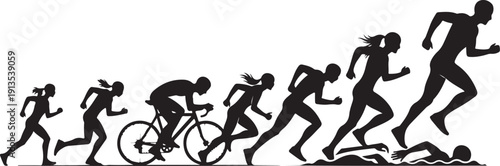 Silhouette of athletes running and cycling in motion together
