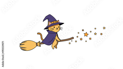 Cute ginger cat dressed as a witch in a purple hat and cloak flying on a wooden broomstick with magical stars trailing.