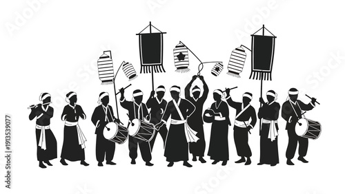 Traditional Japanese drummers and musicians in festival procession vector illustration