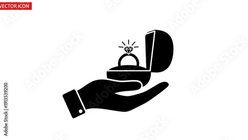 Hand holding open jewelry box with diamond ring inside, elegant vector illustration