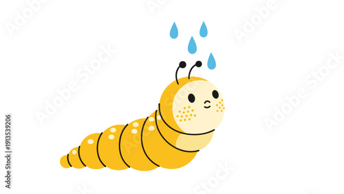 Small yellow caterpillar with black eyes and antennae looking up at four blue water drops falling from above on white.