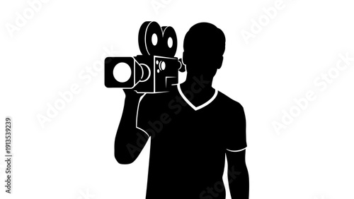 Cameraman filming with vintage camera equipment vector illustration