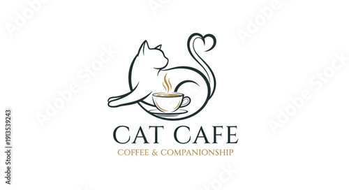 Cat Cafe Logo with Coffee Cup and Steam.
