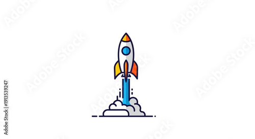 Cartoon rocket ship launching into space with smoke and flames.