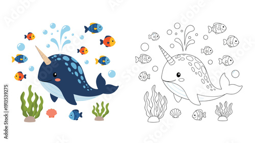 Cute narwhal swimming in the ocean with fish and seaweed featuring a matching black and white coloring page for kids fun.