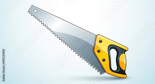 Hand saw with yellow handle and sharp metal blade on a white background carpentry tool for cutting wood
