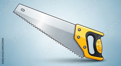 Hand saw with yellow handle and black grip on blue background carpentry tool diy equipment woodworking instrument manual saw crafting tool construction equipment