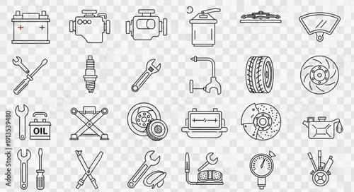 Collection of automotive mechanical parts and tools hand-drawn sketch icons.