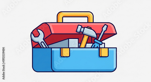 Colorful toolbox with tools and handle on white background for repair and diy projects