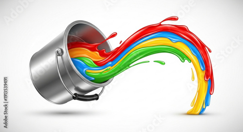 Vibrant rainbow paint splashing out of a silver metal bucket on white background colorful creative concept