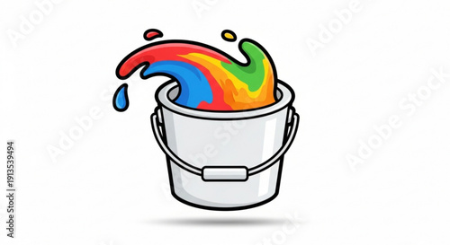 Colorful paint bucket with rainbow splash and vibrant liquid
