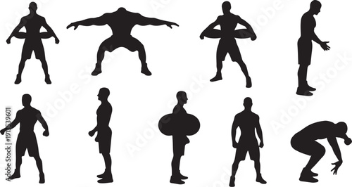 Collection of black silhouettes of a man in various poses