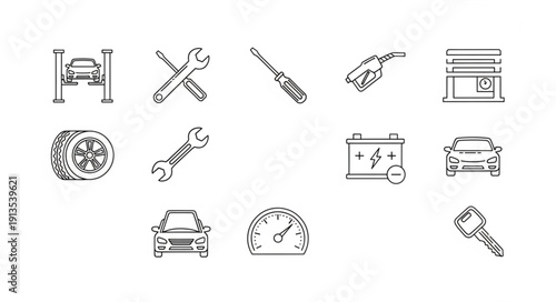Collection of automotive repair and maintenance icons.