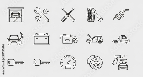 Collection of automotive repair and maintenance icons.