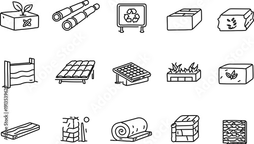 A collection of sustainable and eco-friendly icons representing various elements